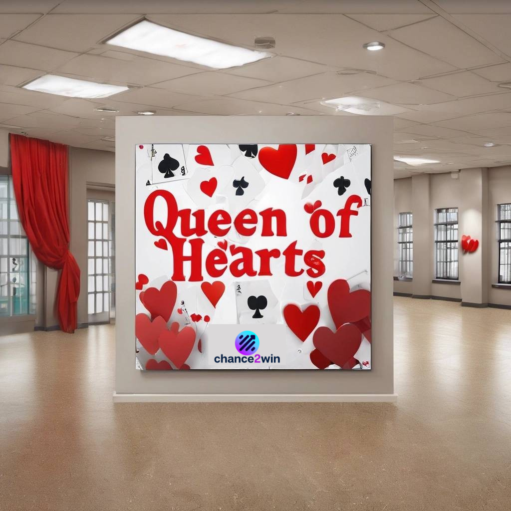 Bright gallery room with a large 'Queen of Hearts' card-themed poster featuring hearts and suits on the wall.