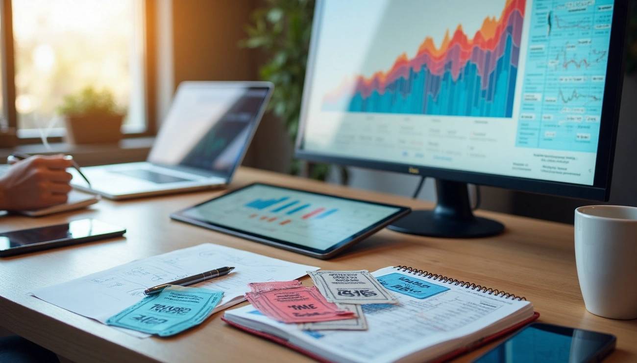 Desk with raffle tickets, notes, and digital devices displaying performance charts and graphs in a bright office setting.