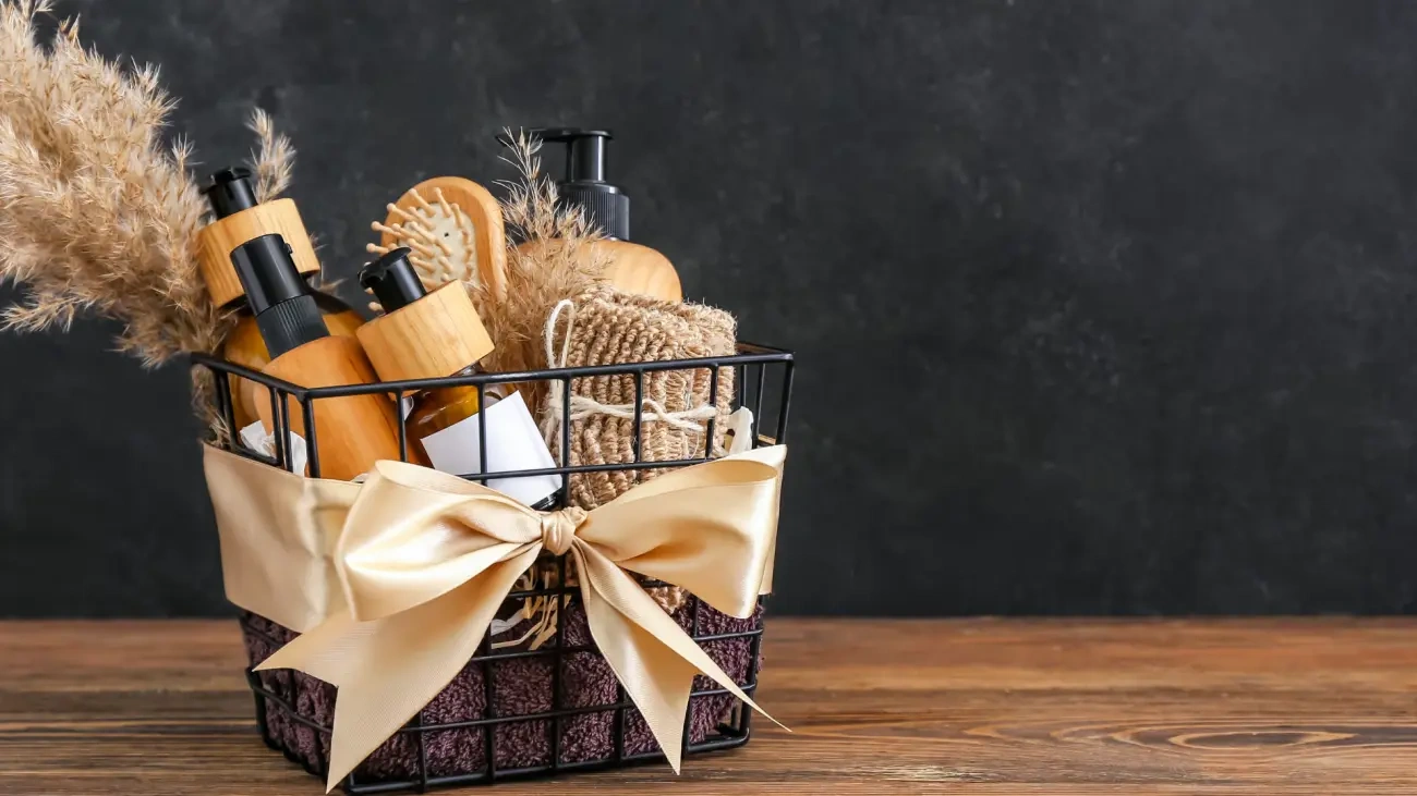 A decorative raffle basket with spa items, pampas grass, and a gold satin bow on a wooden surface.