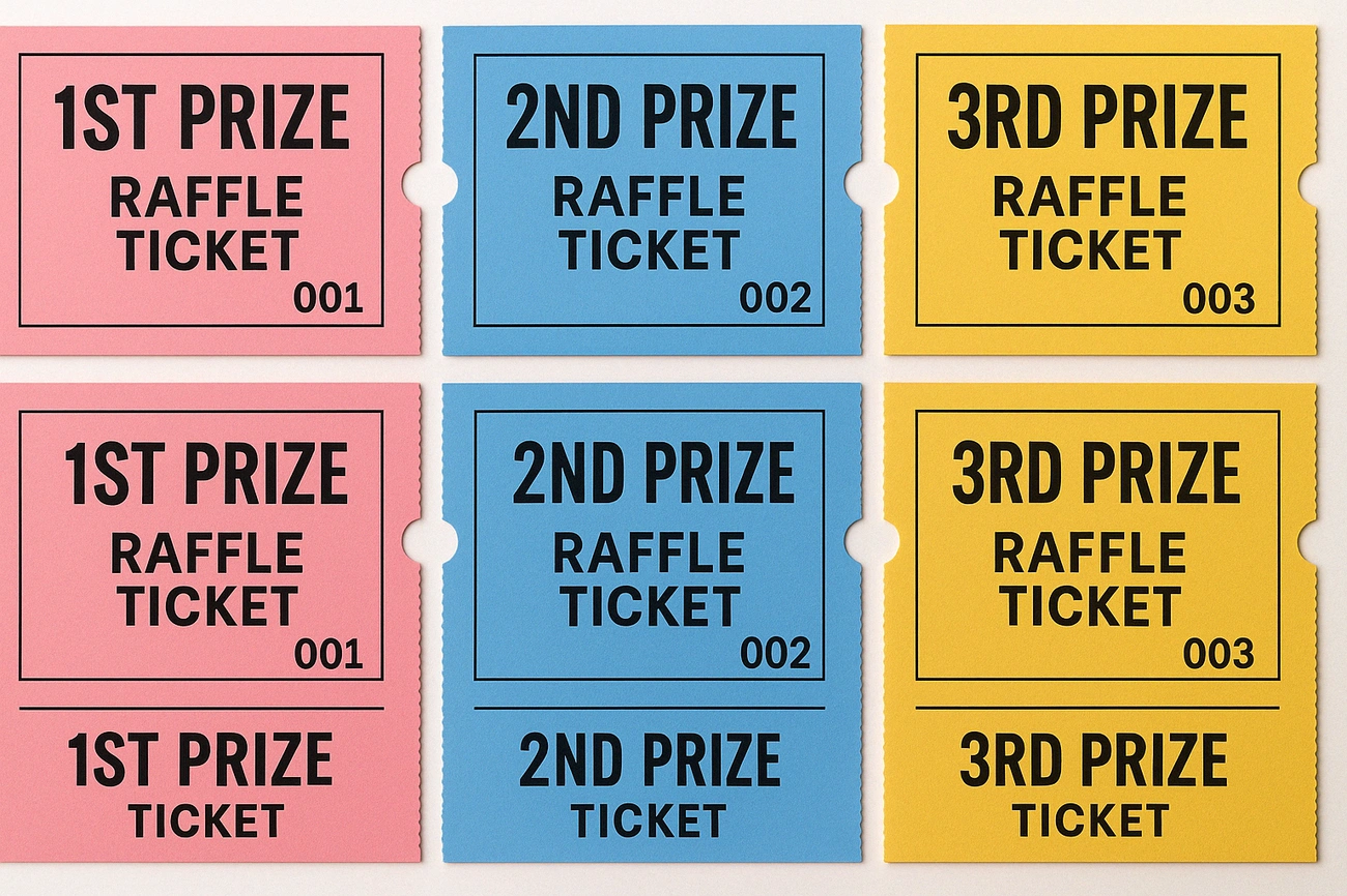 Three sets of colorful raffle tickets for 1st, 2nd, and 3rd prizes in pink, blue, and yellow colors.