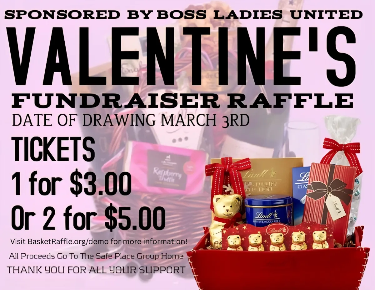 Valentine's fundraiser raffle poster featuring an alcohol basket with chocolates and teddy bears, ticket prices, and contact info.