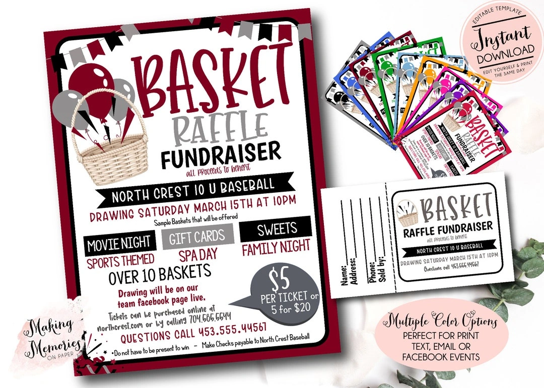 Basket raffle fundraiser flyer with event details, ticket prices, and multiple color options for printing and online use.